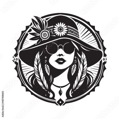 Stylized monochrome portrait of a woman with a bohochic aesthetic
