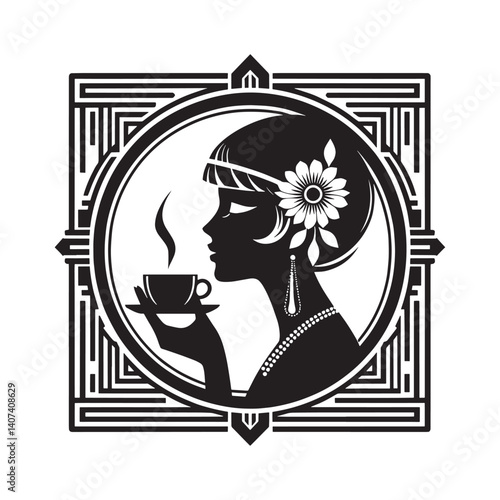 Stylized silhouette of an elegant lady enjoying coffee in retro setting