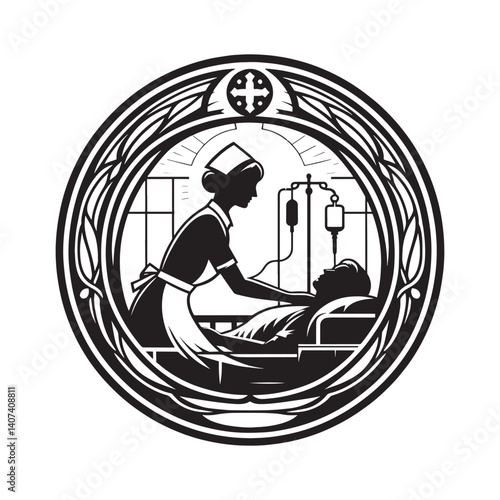 Symbolic nursing care black and white illustration with floral ornaments frame