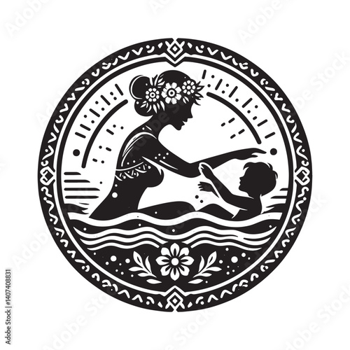 Symbolic illustration of maternal care and aquatic learning experience