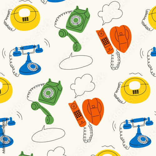 Seamless vintage phone pattern. Retro rotary, push-button, and corded telephones with speech bubbles. Communication concept, old technology, minimalist design for greeting or contact template
