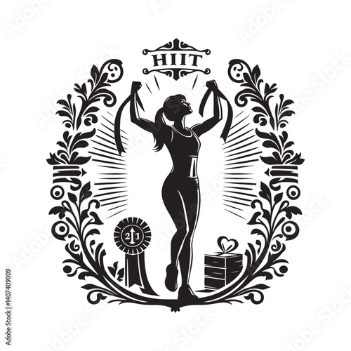 Triumphant silhouette illustration of athletic woman celebrating HIIT achievement