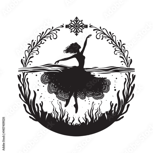 Underwater ballet silhouette dreamy ocean scene with seaweed and flora