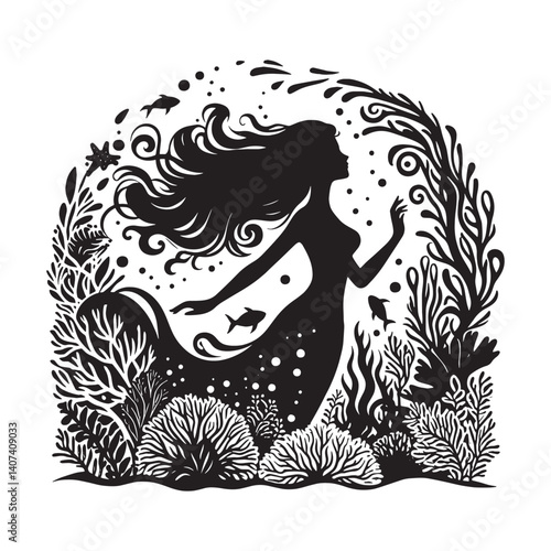 Underwater fantasy silhouette depicting a mermaid amidst coral reefs and marine life