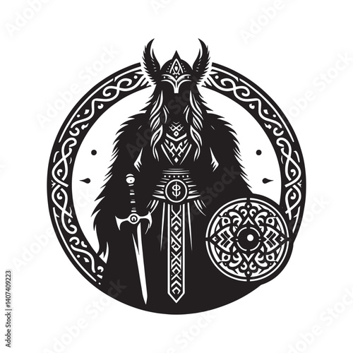 Viking shield maiden silhouette with ornate helmet and sword emblem