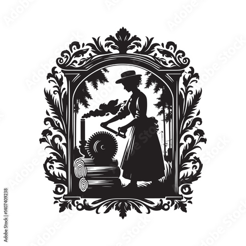 Victorianera silhouette of a woman operating a saw in a forest setting