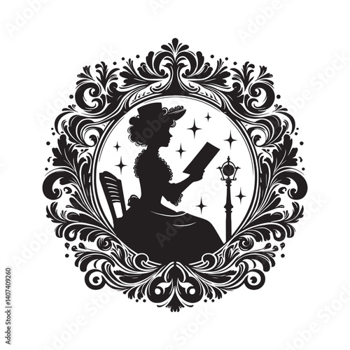 Victorian Silhouette of a Woman Reading within an Ornate Frame Design