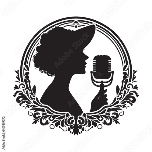 Vintage female vocalist silhouette with microphone and decorative flourishes