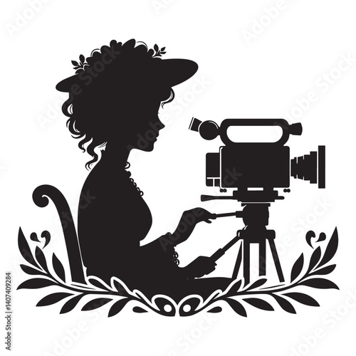 Vintage filmmaking concept with a woman silhouette and antique camera