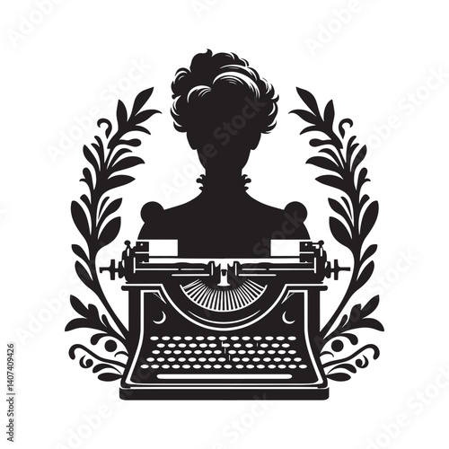 Vintage writer silhouette inside decorative flourish design isolated on white