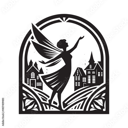 Whimsical fairy bestowing starlight upon a tranquil village illustration