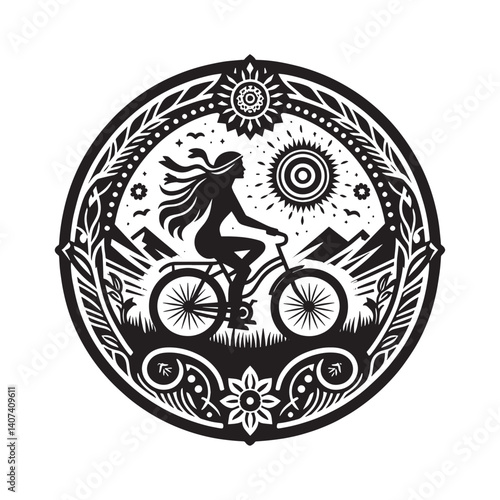 Woman cycling adventure in nature,s embrace artful silhouette design