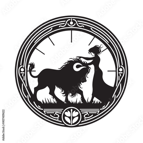 Woman bridging the gap taming a minotaur in art nouveau circle design