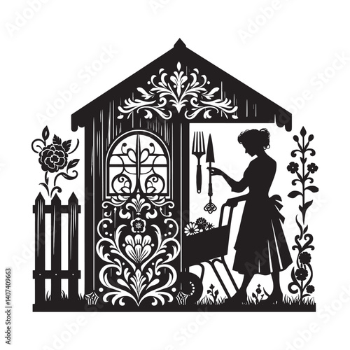 Woman decorating her garden shed