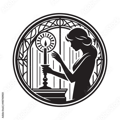 Woman in silhouette lights a candle, set in an ornate circular window design