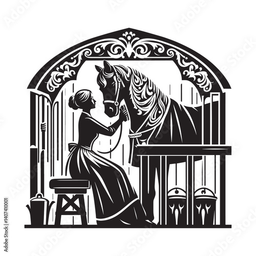 Woman tending to her equine companion within the ornamented stable backdrop