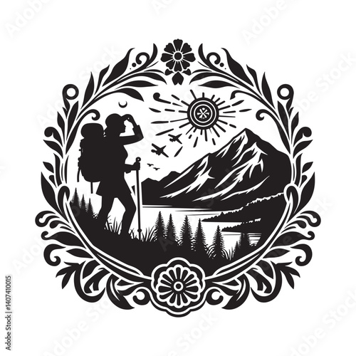 Woman,s serene solo hike in a scenic national park illustration artwork
