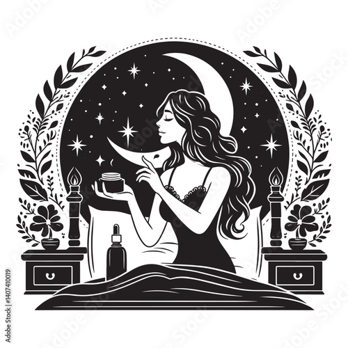 Woman,s serene nighttime routine with selfcare products under crescent moon