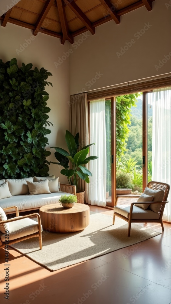 Spacious open-plan living room with a large indoor plant adding a touch of nature to the modern decor and creating a welcoming atmosphere Spacious open-plan living room with a large indoor plant adding a touch of nature to the modern decor and creating a welcoming atmosphere