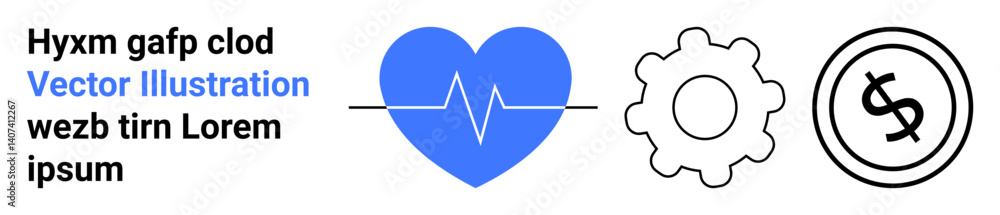 Heart with heartbeat line, gear, and dollar sign. Represents wellness, innovation, finance. Ideal for healthcare, business, technology economy productivity engineering design abstract line flat Heart with heartbeat line, gear, and dollar sign. Represents wellness, innovation, finance. Ideal for healthcare, business, technology economy productivity engineering design abstract line flat