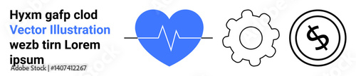 Heart with heartbeat line, gear, and dollar sign. Represents wellness, innovation, finance. Ideal for healthcare, business, technology economy productivity engineering design abstract line flat