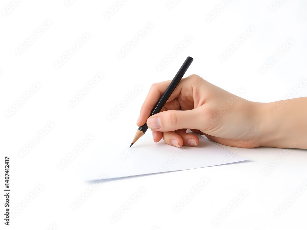 Hand writing with a pencil on blank white surface, educational or creative concept. Generative AI Hand writing with a pencil on blank white surface, educational or creative concept. Generative AI