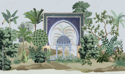 Mughal style garden illustration, Mughal Wallpaper, Mughal Arch, Mughal Garden Illustration.