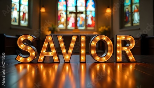 SAVIOR illuminated letters written set in a church with stained glass windows