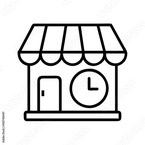 Storefront shop local business time clock open hours retail market outline vector graphic icon