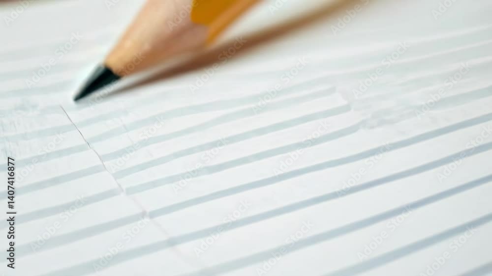 Graphite pencil moving across lined notebook paper, capturing writing process in detailed slow motion close up with crisp visual texture and meticulous movement Graphite pencil moving across lined notebook paper, capturing writing process in detailed slow motion close up with crisp visual texture and meticulous movement