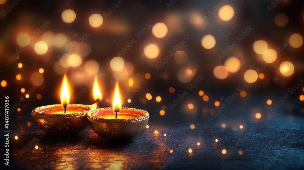 Two glowing oil lamps surrounded by shimmering bokeh lights, creating a warm ambiance. Two glowing oil lamps surrounded by shimmering bokeh lights, creating a warm ambiance.