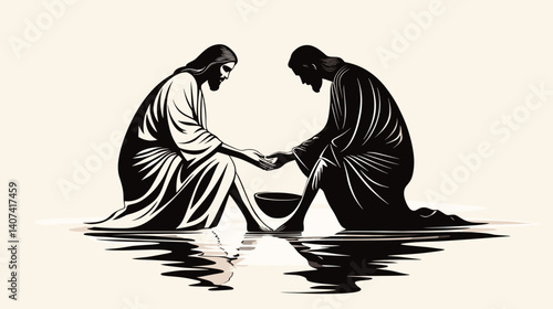 Minimalist black and white illustration of Jesus washing the feet of a disciple, clean vector with engraved line details, symbolic humility theme