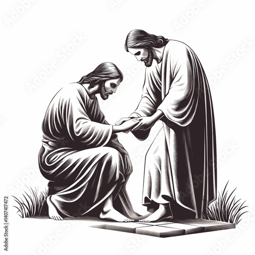 Minimalist black and white illustration of Jesus washing the feet of a disciple, clean vector with engraved line details, symbolic humility theme