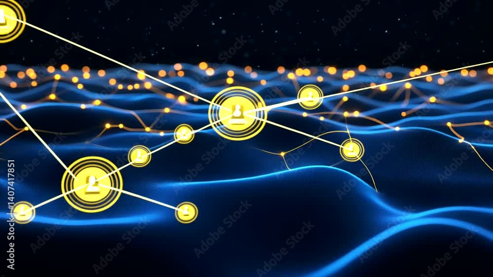 Networked digital coins flow across glowing landscape
