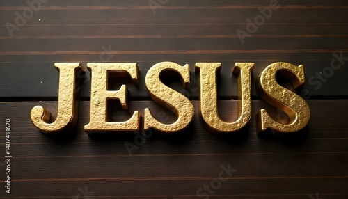 JESUS gold letters written on a dark wood background