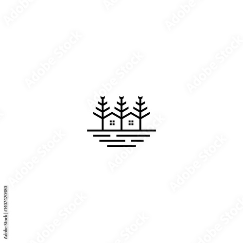 A minimalist line-art logo featuring two cozy cabins surrounded by pine trees, with subtle horizontal lines below representing ground or water reflection. This peaceful and nature-inspired design is p