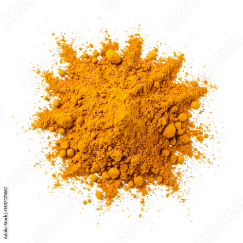 a pinch of turmeric powder in bright yellow, isolated on a white background