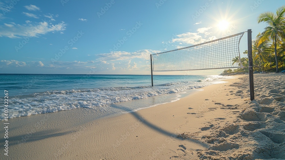 A volleyball net is on the beach next to the ocean A volleyball net is on the beach next to the ocean