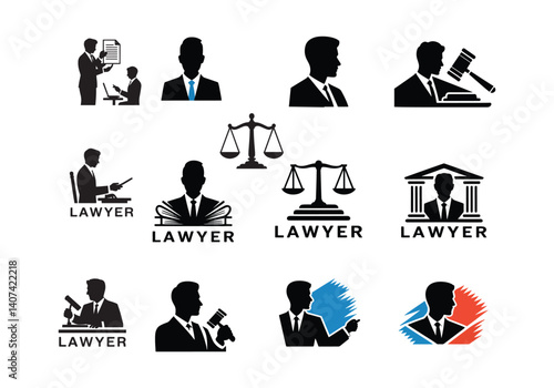 Set of lawyer illustrations with scales of justice, court, and legal symbols