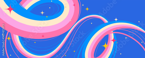 Vibrant Cosmic Swirls with Neon Colors and Stars on Blue Background. Playful design with groovy curves and waves. Great for music visuals, modern posters, web and branding
