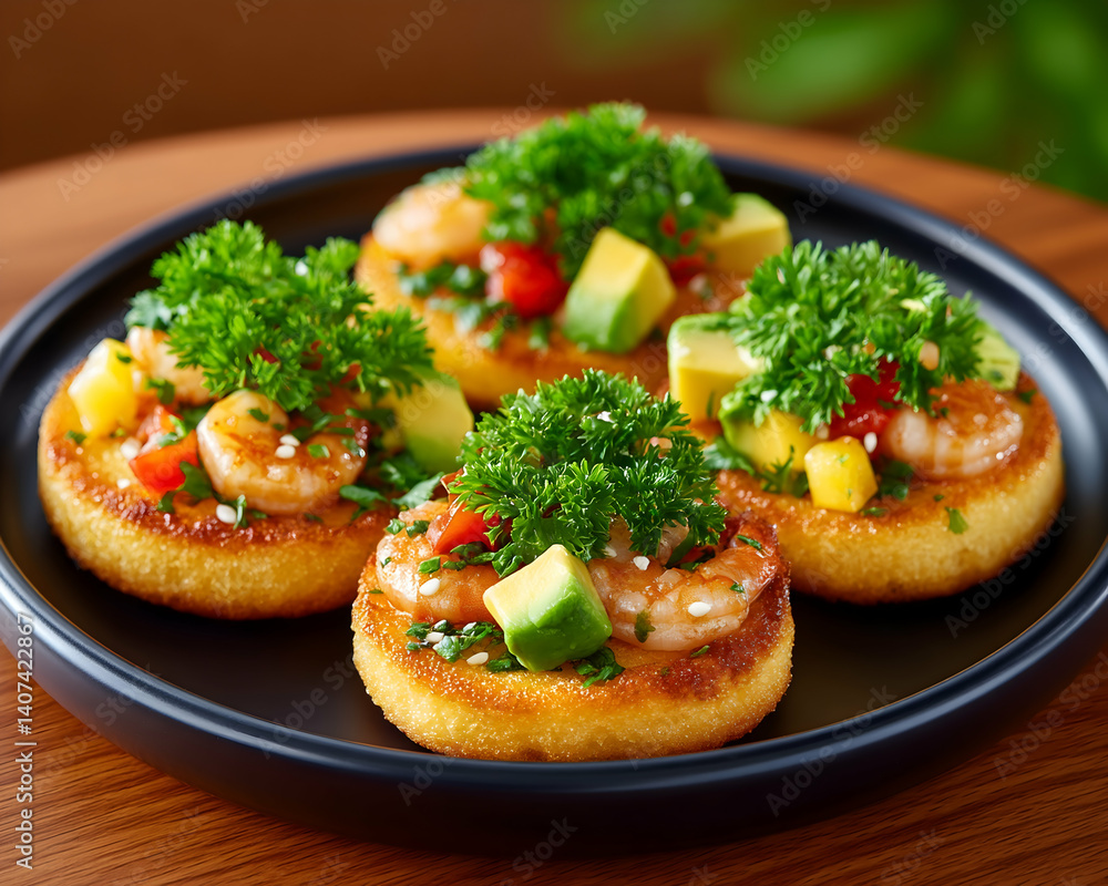 Four savory cornbread rounds topped with shrimp, avocado, mango salsa, and parsley . Generative AI Four savory cornbread rounds topped with shrimp, avocado, mango salsa, and parsley . Generative AI