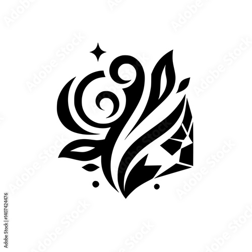 Fotografía Elegant Geometric Floral Diamond Logo, Black and White Illustration