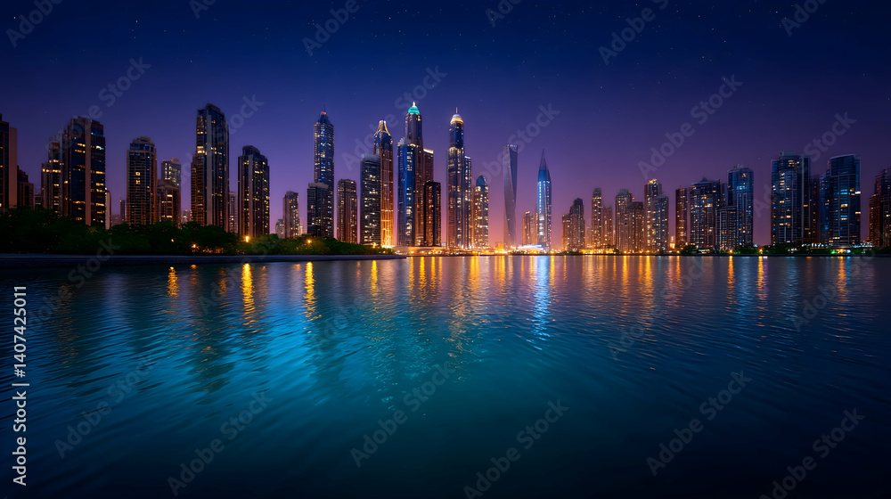 Fototapeta premium Night cityscape reflected in calm water, showing illuminated skyscrapers under a twilight sky . Generative AI