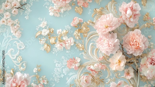 Floral Baroque Wallpaper Design with Pink and Gold Accents for Interior