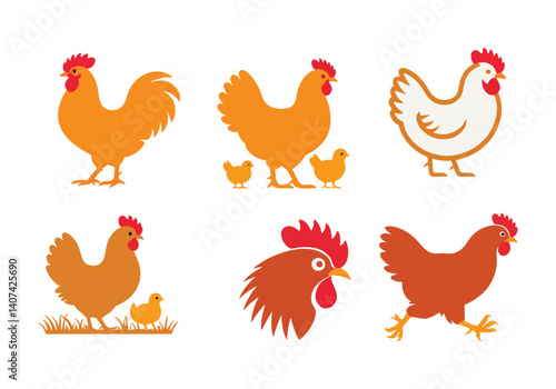 Set of chicken illustrations with roosters, hens, and chicks