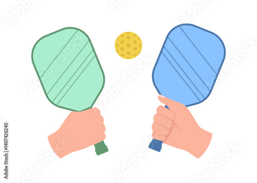 Pickleball sport game. Tennis rackets in hands and ball. Play in pickle ball, paddle tennis. Vector flat illustration