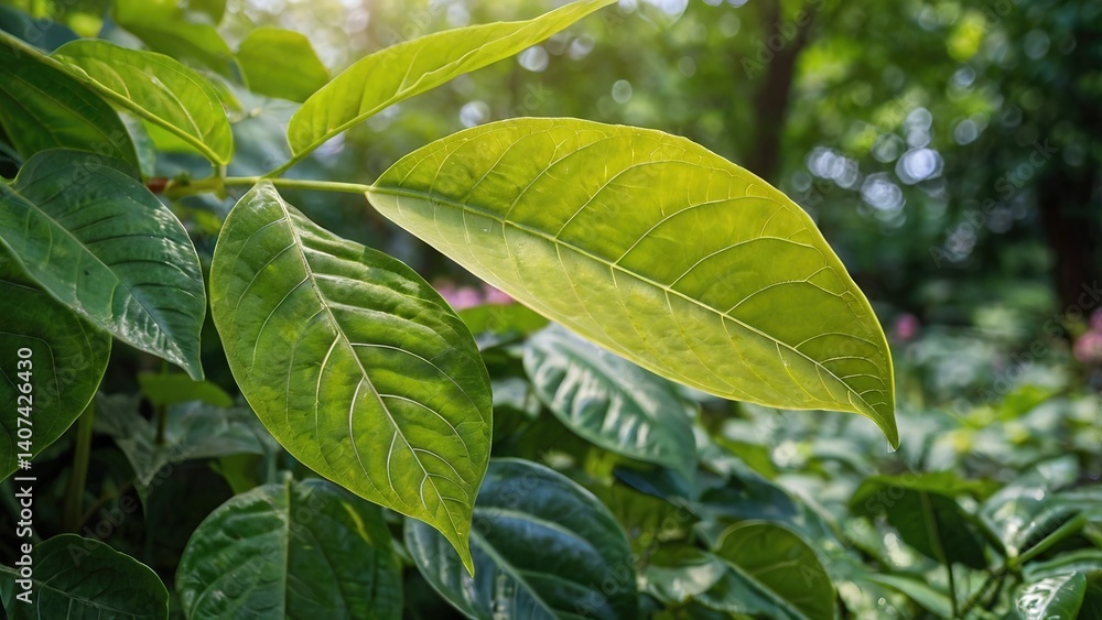 Fototapeta premium Fresh green leaves on a tree branch in the summer garden, a closeup of nature's vibrant foliage
