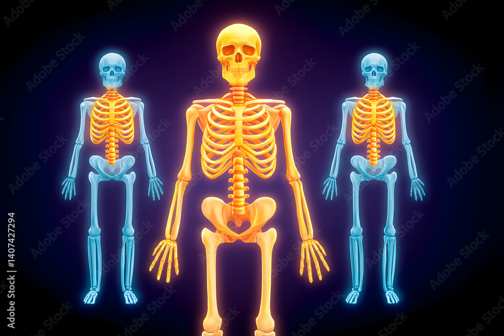 Three glowing skeletons, central one highlighted, anatomical study . Generative AI Three glowing skeletons, central one highlighted, anatomical study . Generative AI
