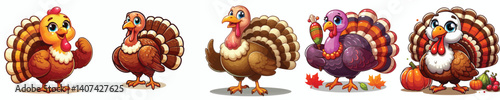 Funny collection of 
turkey farm animal pictures 
in cartoon style on white background