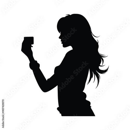 A Woman Taking selfie vector black silhouette clipart on a white background